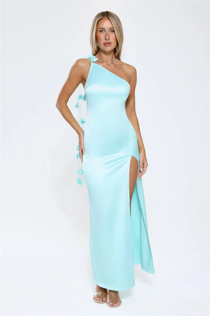 Romance Redefined One Shoulder Satin Maxi Dress Aqua