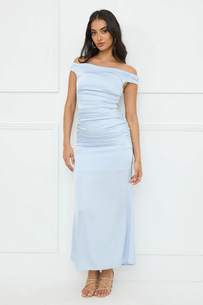 Polished Radiance Off Shoulder Satin Maxi Dress Blue