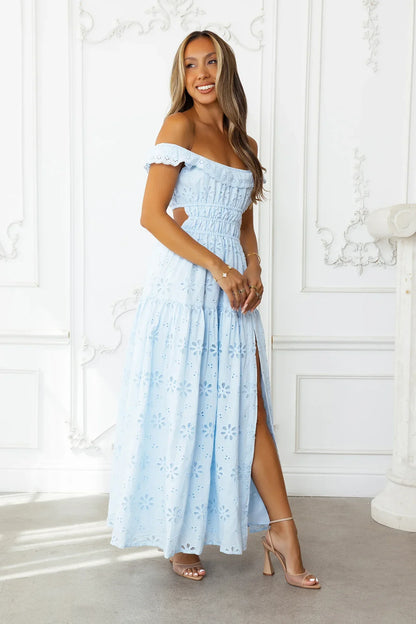 Secrets You Keep Off Shoulder Embroidered Maxi Dress Blue
