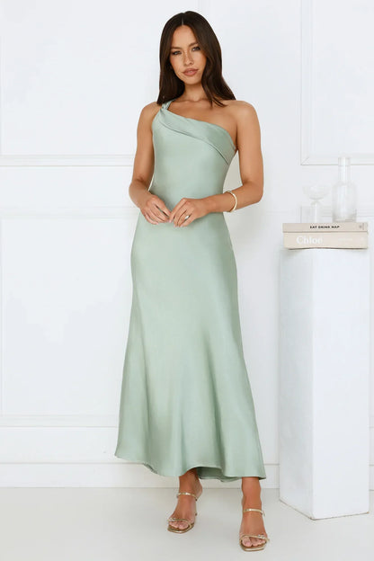 Romantic Tales Satin One Shoulder Maxi Dress Sage
