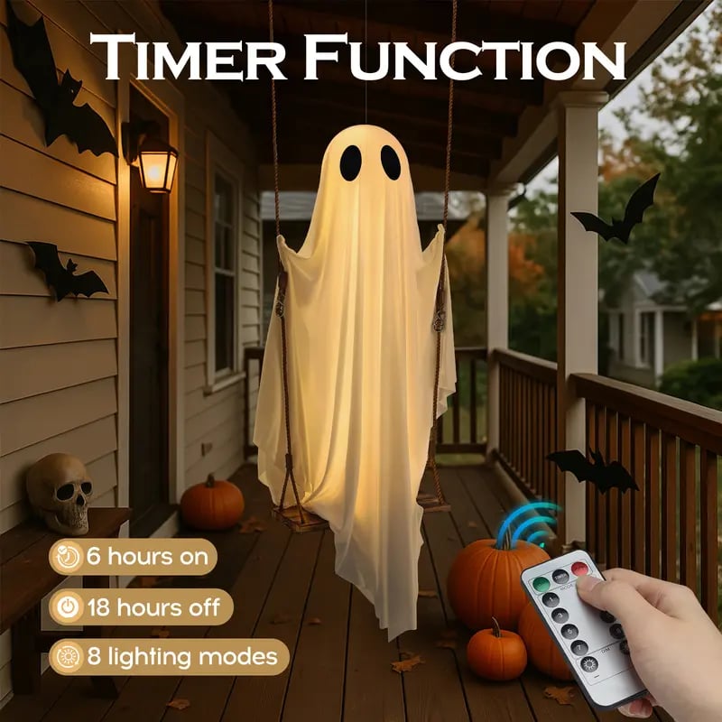 👻Halloween Decorations Outdoor - 5FT Large Hanging Ghost Swing with Remote Control String Lights