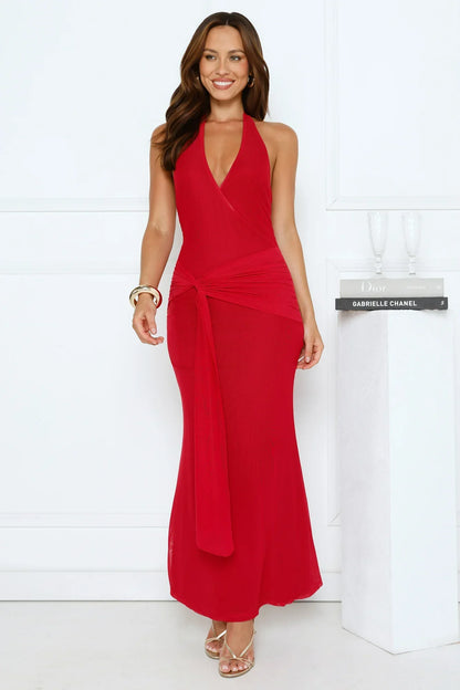 Sleek Bloom Halter Maxi Dress Red