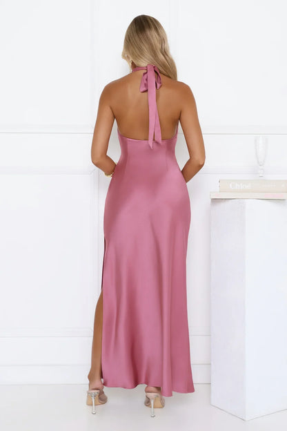 Polished Perspective Halter Satin Maxi Dress Pink