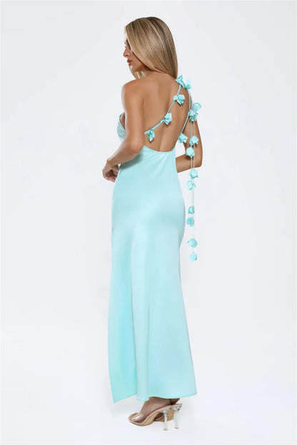 Romance Redefined One Shoulder Satin Maxi Dress Aqua