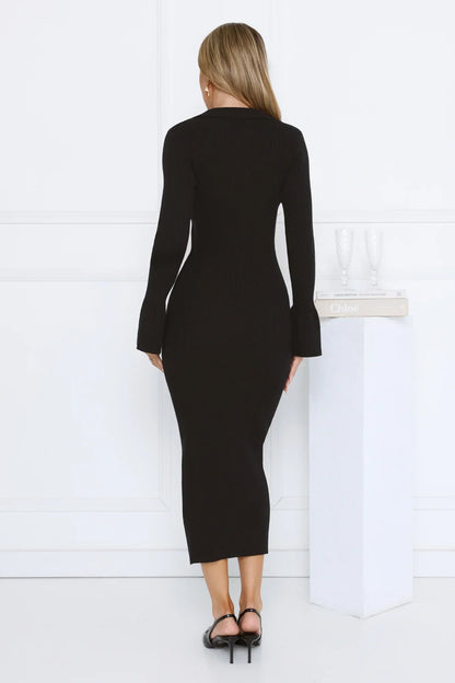 Snow Kiss Soirée Ribbed Midi Dress Black