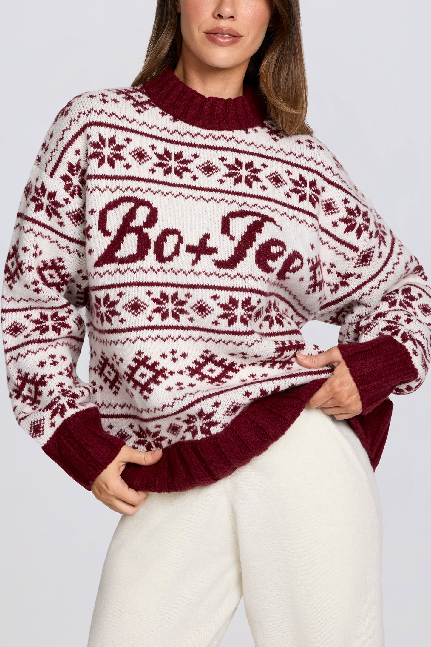 Jacquard-Knit Oversized Jumper in Crimson Red