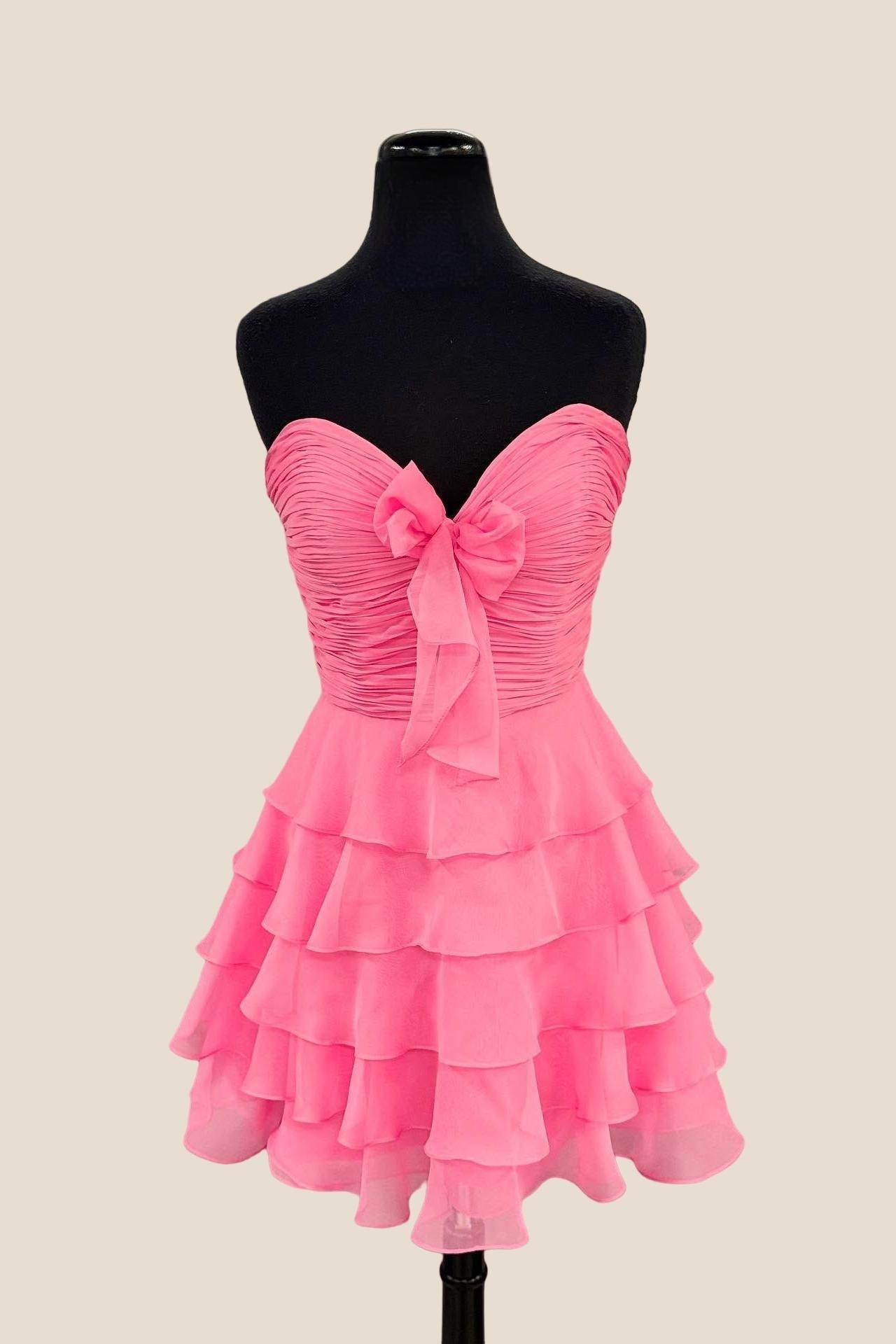 Strapless Green Chiffon Bow Ruffle Short Dress