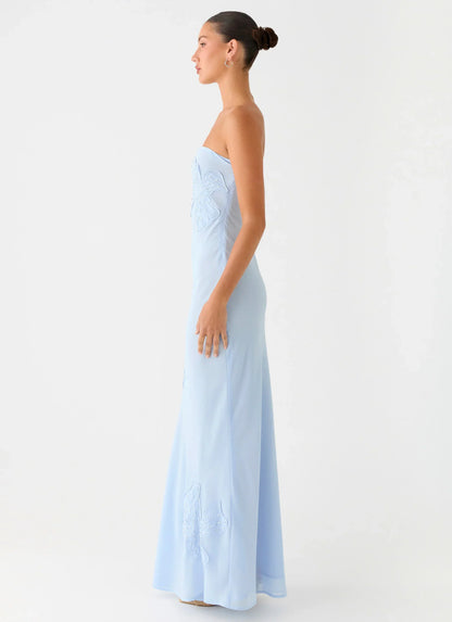 Sassafras Beaded Flower Strapless Maxi Dress - Blue
