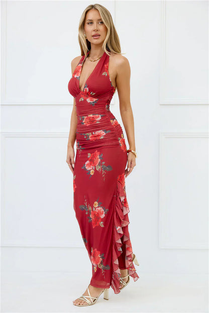 Seductive Sway Mesh Halter Maxi Dress Wine
