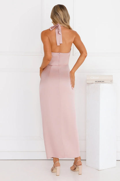 Silken Promise Satin Halter Maxi Dress Pink
