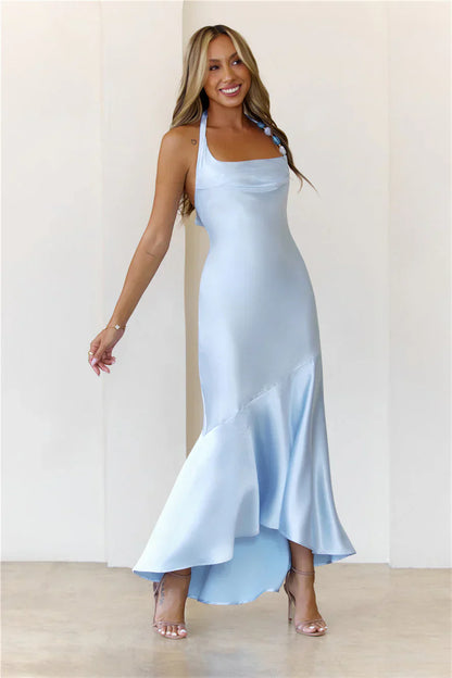 Shimmer Crystal Satin Halter Maxi Dress Blue