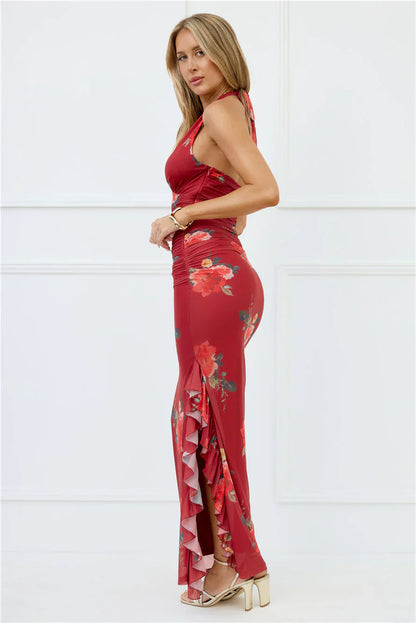 Seductive Sway Mesh Halter Maxi Dress Wine