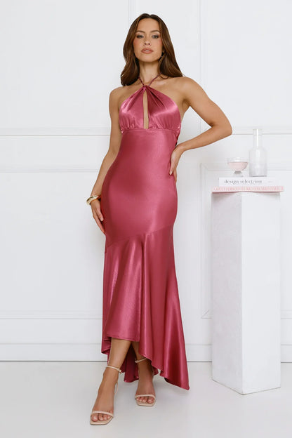 Silken Affair Halter Satin Maxi Dress Rose