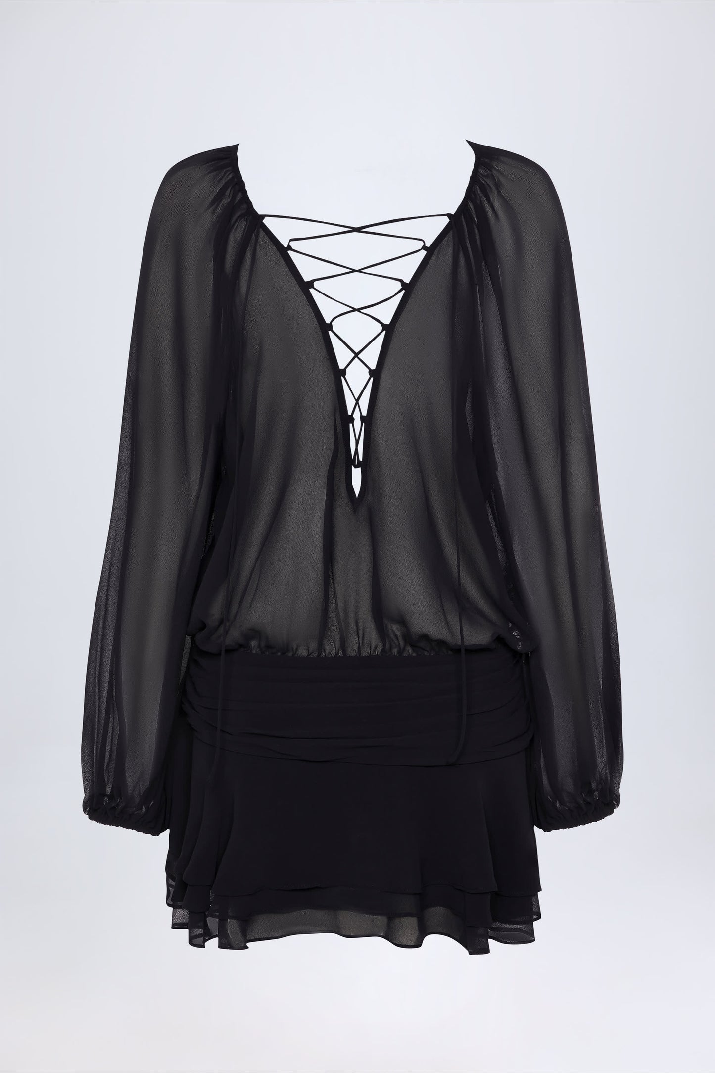 Lace-Up Balloon-Sleeve Mini Dress in Black