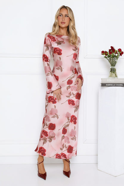 Scent Of Roses Long Sleeve Satin Maxi Dress Pink