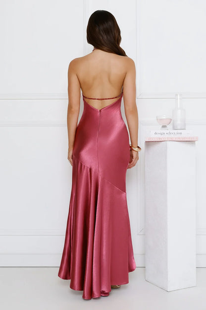 Silken Affair Halter Satin Maxi Dress Rose