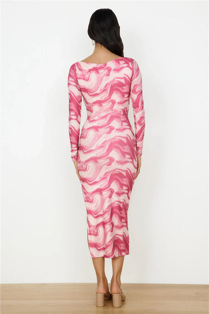 Raspberry Swirl Long Sleeve Midi Dress Pink