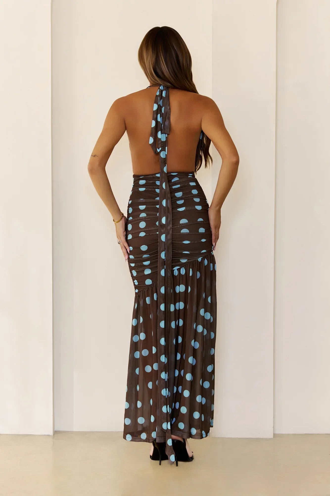 The Darling Dot Edit Halter Maxi Dress Brown