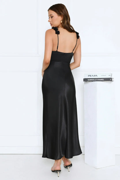 Petal Haze Satin Maxi Dress Black
