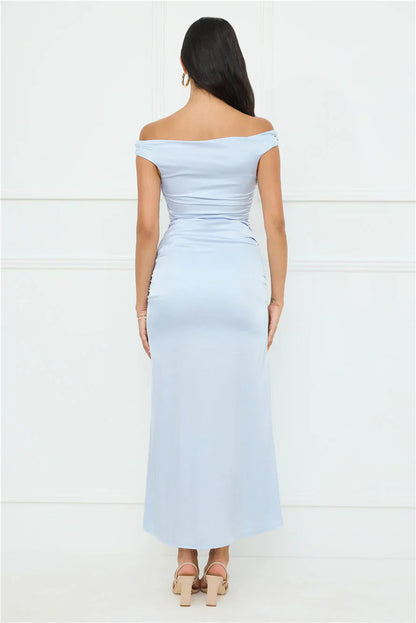 Polished Radiance Off Shoulder Satin Maxi Dress Blue
