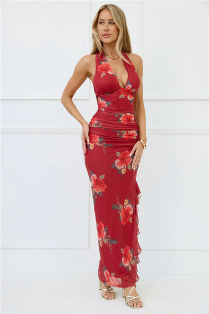 Seductive Sway Mesh Halter Maxi Dress Wine