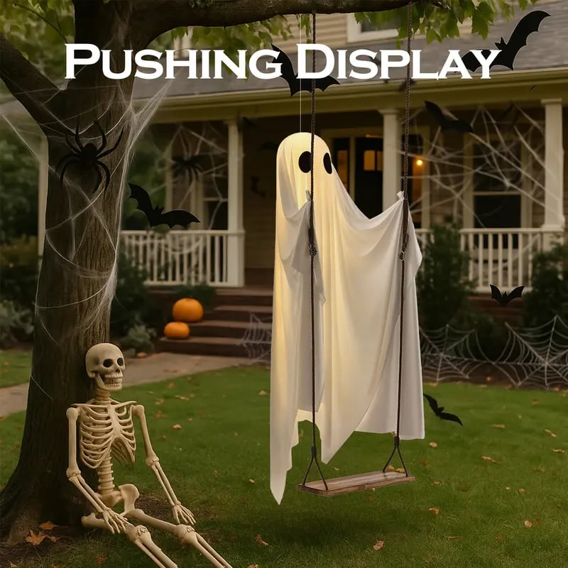 👻Halloween Decorations Outdoor - 5FT Large Hanging Ghost Swing with Remote Control String Lights