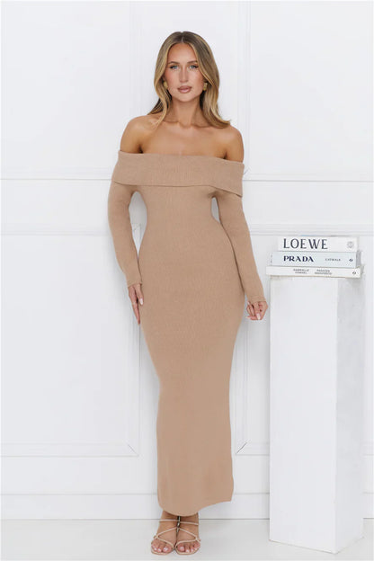 Snow Falling Off Shoulder Long Sleeve Knit Maxi Dress Mocha