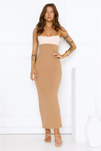 Silent Allure Strapless Maxi Dress Camel