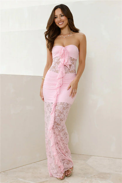 Princess Perks Strapless Lace Maxi Dress Pink