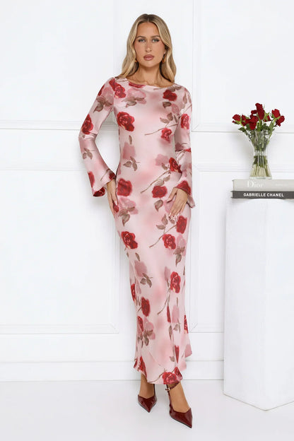 Scent Of Roses Long Sleeve Satin Maxi Dress Pink