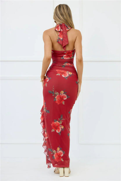 Seductive Sway Mesh Halter Maxi Dress Wine
