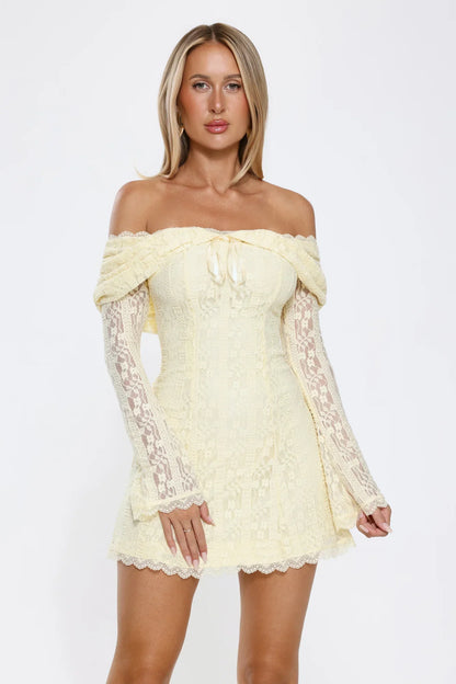 Secret Smile Lace Off Shoulder Mini Dress Yellow