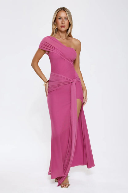 Rose And Moon One Shoulder Mesh Maxi Dress Pink