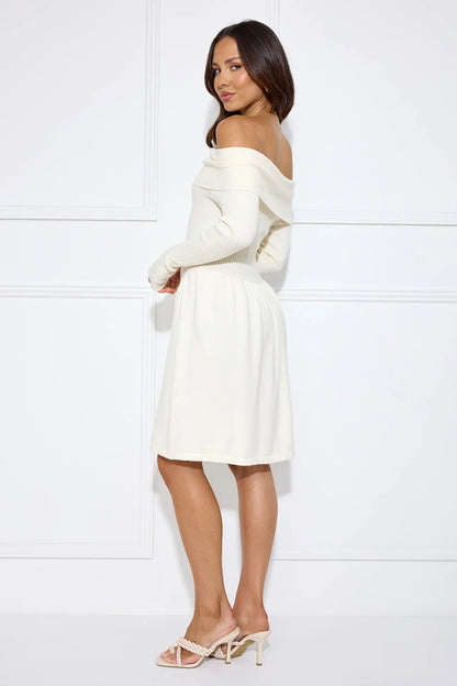 Snowlight Off Shoulder Ribbed Midi Dress Cream