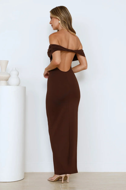 Soft Whispers Off Shoulder Maxi Dress Brown