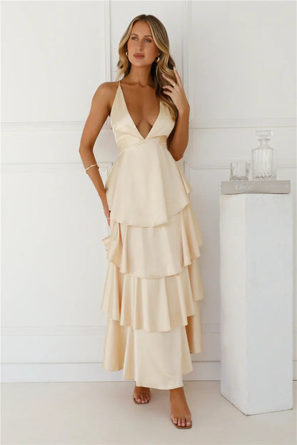 Party Of The Year Satin Maxi Dress Yellow