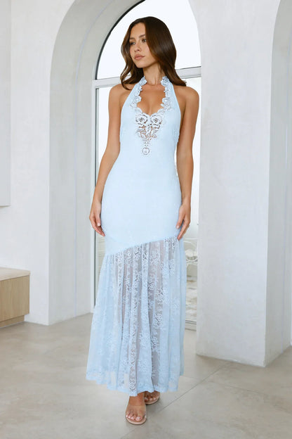 Soft Edge Muse Halter Lace Maxi Dress Blue