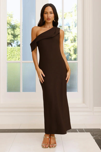 Shadow Whispers Off Shoulder Maxi Dress Brown