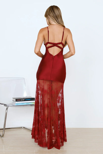 Pose For Me Lace Satin Maxi Dress Burgundy