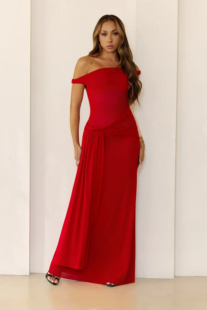 Sleek Off Shoulder Sheer Maxi Dress Red