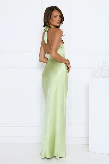 Satin Whirl Halter Maxi Dress Green