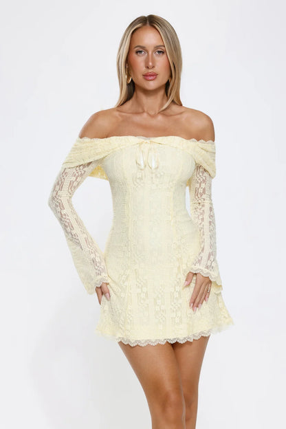 Secret Smile Lace Off Shoulder Mini Dress Yellow
